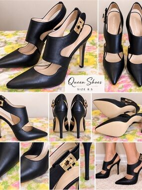 Queen Shoes Black Faux Leather Cutout Slingback Pumps Size 8.5 Pointed Toe